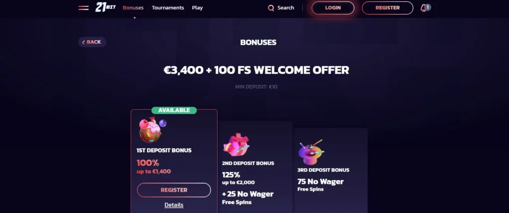 Welcome Bonus and Free Spins at 21bit Casino Online