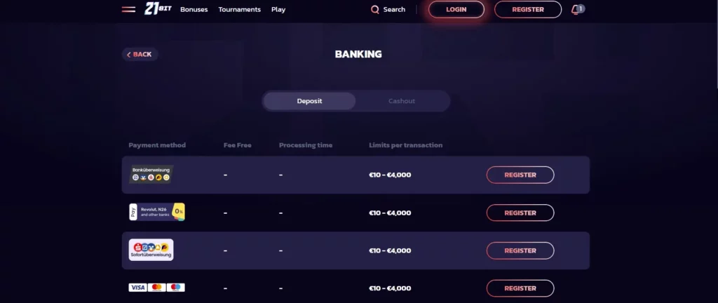 Deposits and Withdrawals at Casino 21Bit
